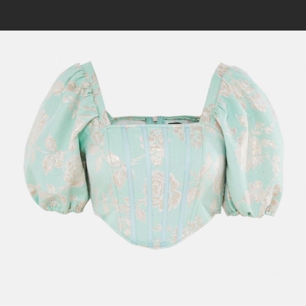 Missguided Mint green gold floral brocade corset co-ord crop top puff sleeve US4